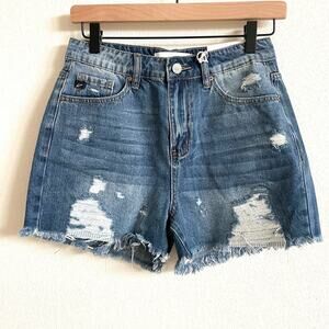 Kancan Medium Wash Denim High Rise Distressed Cut Off Shorts Women's Small NWT